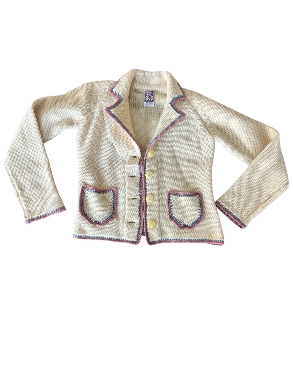 Vintage Offspring Wool Knit Blazer Cardigan Sweater Cream Pink Blue Trim Small S